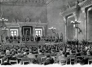 Een bijeenkomst van Catalaanse nationalisten verzameld in het stadhuis van Manresa, voor het opstellen van de 16 basisprincipes voor de Catalaanse regionale grondwet in 1892. door Spanish School