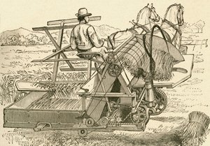 Een oogstmachine, getrokken door paarden, die de schoven mechanisch bond, gebruikt in de late 19e eeuw. Uit El Museo Popular gepubliceerd in Madrid