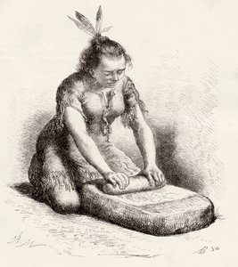 Een inheemse Guayan-vrouw die graan vermaalt (gravure) door Spanish School