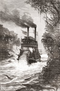 Een raderstoomboot in de Primera Angostura, een geluid van de Straat van Magellan, Chili