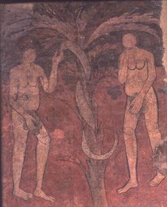 Adam en Eva, de Oorsprong van de Zonde, Muurschildering van de Triomfboog in de Apsis van het Centrale Schip, Sta. Maria de Barbera