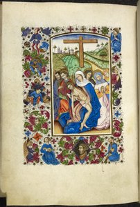 Add MS 50004 f.70v De Maagd Maria die het lichaam van Christus vasthoudt, met twee discipelen en vrouwen naast haar, uit een 