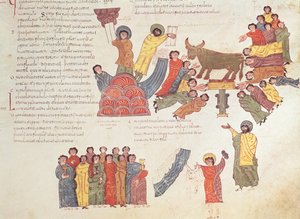 Aanbidding van het Gouden Kalf, uit de Visigotisch-Mozarabische Bijbel van St. Isidores, fol.46r., A.D. 960