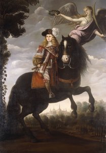 Een Ruiterportret van Koning Karel II, volledig, in een Rode Jas met Witte Rand, gekroond met een Lauwerkrans door een Engel, Madrid in de Verte
