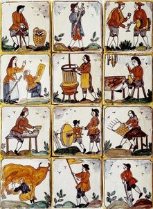 Ambachtelijke beroepen: schoenmaker, kuiper, mandenmaker, wijnmaker, tekenles, muzikant, koe melken, slijper, boer, ebenist. Catalaanse keramische tegels (Spanje)