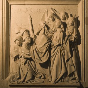 Bas-reliëf van Sint Idelfonso die zijn kazuifel ontvangt, interieur van de La Mezquita, Cordoba, 1507 door Spanish School