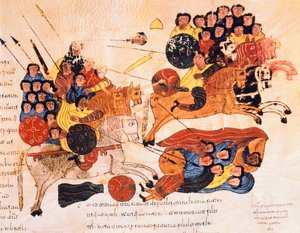 Slag tussen de Hebreeën en de Filistijnen, uit de Visigotisch-Mozarabische Bijbel van St. Isidores, fol.119r., 960 n.Chr. (tempera op perkament)