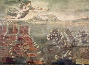 Slag bij Lepanto. Overwinnende schepen die de haven van Messina binnenvaren