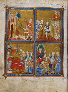 Bouw van de steden van de farao; de slavernij van de Israëlieten; de plaag van bloed; de slang van Aaron die twee andere slangen opslokt door Spanish School