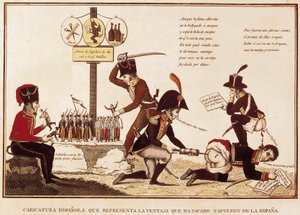Cartoon van de voordelen behaald door Napoleon Bonaparte (1769-1821) in Spanje