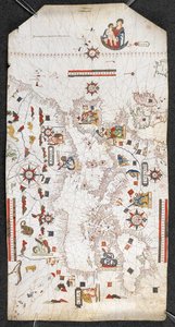 Kaart van de Middellandse Zee en de Zwarte Zee, en een deel van de Atlantische Oceaan, van de Britse Eilanden in het noorden tot de Canarische Eilanden in het zuiden; met de kustlijnen; en met de namen van de belangrijkste steden in het Spaans, door Jaume  door Spanish School