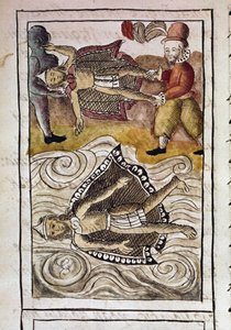 Codex van de verovering van Mexico: De lichamen van Itzquauhtzin en Montezuma, of Moctezuma II Azteekse keizer (1466-1520), worden door de Spanjaarden uit het paleis gegooid. door Spanish School