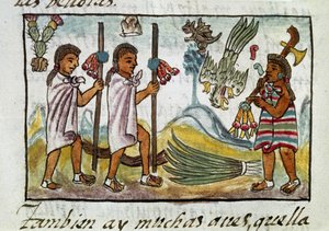 Codex van de verovering van Mexico: kooplieden vermomd in Tzinacantlan. Miniatuur van het Florentijnse manuscript 