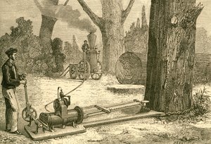 Bomen kappen met stoommachines in de late 19e eeuw. Uit El Museo Popular gepubliceerd in Madrid door Spanish School