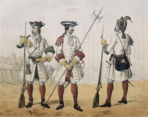 DE SOTTO, Serafin Maria, Graaf van Clonard (1793 - 1862). Historia organica de las armas de Infanteria y Caballeria espanolas. 1851 - 1859. Linie-infanterie tijdens het bewind van Filips V van Spanje. Schutter, Sergeant en Grenadier (1707-1718). Lithografi
