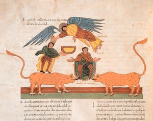 Daniel in de Leeuwenkuil, uit de Visigotisch-Mozarabische Bijbel van St. Isidores, fol.325v., 960 n.Chr. (tempera op perkament) door Spanish School