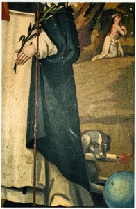 Detail met de lelie, staf en hond met fakkel, attributen van St. Dominicus door Spanish School