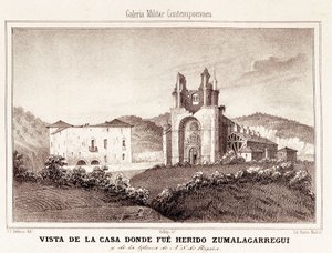 Eerste Carlistenoorlog (1833-1840): het huis waar Carlistische generaal Tomas Zumalacarregui (1788-1835) gewond raakte na het beleg van Bilbao door Spanish School