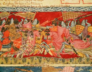 Slag tussen Grieken en Trojanen, uit de Codex Benito Santa Mora door Spanish School