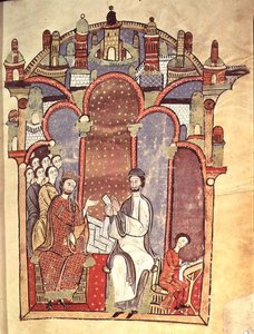 Fol.1r Hofscène met schrijvers, uit de Liber feudorum maior