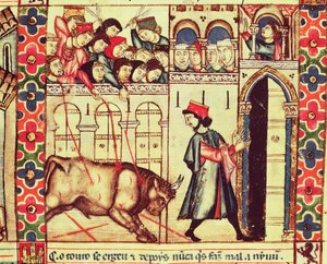 Dood van een stier in de arena, uit het manuscript gemaakt onder leiding van Alfonso X De Wijze Koning van Castilië en León door Spanish School