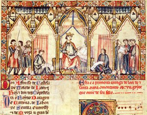 Fol.5r Het hof van Alfons X (1221-84) de Wijze, koning van Castilië en León, miniatuur uit de Cantigas de Santa Maria door Spanish School