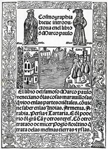 Frontispice van de eerste Castiliaanse versie van De Reizen van Marco Polo, vertaald door Rodrigo de Santaella, gepubliceerd 1503 door Spanish School