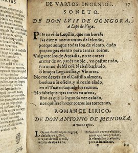 GOGOORA Y ARGOTE, Luis de (1561-1627). Spaanse dichter uit de Gouden Eeuw.; VEGA CARPIO, Felix Lope de (1562-1635). Soneto a Lope de Vega, gedicht opgenomen in Poesias varias de grandes ingenios espanoles, compilatie gemaakt door Ios