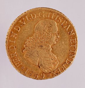 Gouden munt (8 ecu) uit Spanje: regeerperiode van Ferdinand VI (1746-1759). 1759 door Spanish School