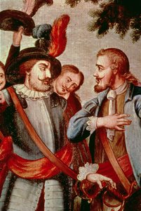 Hernando Cortes (1485-1547) en Diego di Velasquez (1465-1524) (detail) door Spanish School