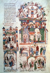 Geschiedenis van Salomo: Koning Salomo ontvangt het eerbetoon. Pagina (fol. 129 v;) uit De Bijbel van Roda (man. lat. 6) gemaakt in Spanje in de 11e eeuw. Parijs, B.N.