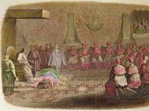 Japanse ambassadeurs buigen voor de voeten van paus Gregorius XIII in 1585 door Spanish School