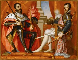 Karl V met zijn zoon Philipp II ... (schilderij op doek) door Spanish School
