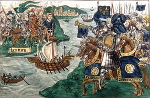 Koning Lodewijk IX (1214-70) en de Kruisvaarders arriveren in Carthago in 1270 door Spanish School