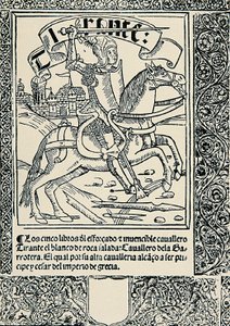 Ridder op zijn rijdier, Frontispice van het Spaanse werk Tirant lo Blanc door Joanot MARTORELL (1413-1468) door Spanish School