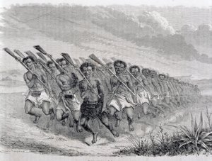 Maori-krijgers voeren een oorlogsdans uit, illustratie uit 