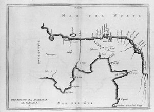 Kaart van Midden-Amerika (Panama) uit een Spaans reisboek uit het begin van de 17e eeuw. De kaart is georiënteerd op de oude manier (noordoost naar oost) en de Atlantische Oceaan wordt de Noordzee genoemd en de Stille Oceaan de Zuidzee door Spanish School