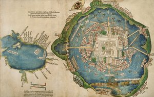 Kaart van Tenochtitlan en de Golf van Mexico, uit Praeclara Ferdinadi Cortesii de Nova maris Oceani Hyspania Narratio door Hernando Cortes, 1524