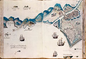 Kaart van een deel van Nieuw-Spanje, de kust van Peru en de stad Lima, uit "Mapas de las costas de América en el mar del Sur, desde la última población de españoles en ellas, que es la ciudad de Compostela, en adelante" door Spanish School