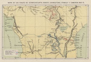 Kaart met de reizen van de ontdekkingsreizigers Georg August Schweinfurth, Samuel Baker, David Livingstone, Henry Morton Stanley en Verney Lovett Cameron in Afrika