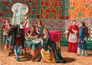 Ontmoeting tussen Columbus en Ferdinand en Isabel voor de ontdekkingsreis