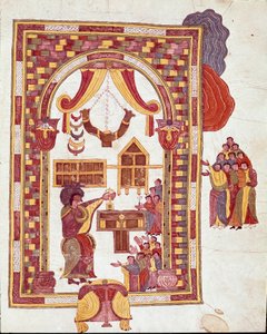 Mozarabische kunst: de tempel van Jeruzalem, Aaron wordt afgebeeld als hogepriester voor een altaar. Miniatuur uit een Mozarabische Bijbel. 10e eeuw. Leon. Bibliotheek van de Koninklijke Collegiale van Sint Isidorus. Spanje door Spanish School