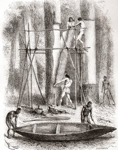 Inheemse Indianen bouwen een kano aan de oevers van de Oyapock of Oiapoque Rivier, Zuid-Amerika (gravure) door Spanish School