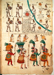 Pagina uit de Codex Mendoza met Azteekse krijgers gewapend met speren en schilden (c.1541-42)