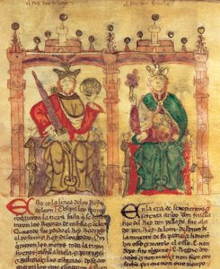 Pelagius (685-737), stichter van het Koninkrijk Asturië en zijn kleinzoon Fruela I (722-68) (pigment op perkament) door Spanish School