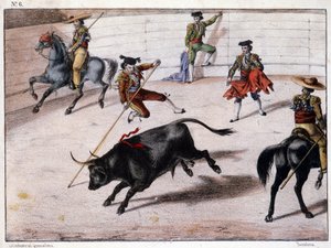 Perchsprong, stierenvechten in Spanje, Spaanse lithografie, 19e eeuw door Spanish School