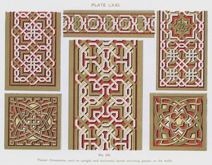 Pleisterornamenten, gebruikt als verticale en horizontale banden die panelen op de muren omsluiten (kleur litho) door Spanish School