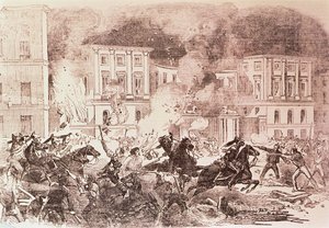 Populistische Opstanden in Madrid, De Rellen Proberen het Paleis van Koningin Maria Christina in Brand te Steken in 1854 door Spanish School