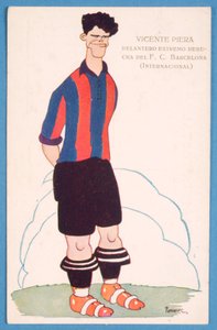 Prentbriefkaart met een karikatuur van de Spaanse voetballer Vicente Piera van Barcelona door Spanish School