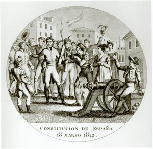 Proclamatie van de liberale grondwet van 18 maart 1812, door de patriotten, afgekondigd in Cadiz door de Cortes door Spanish School